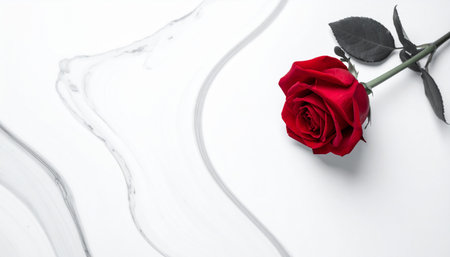 Red rose on white marble background. Flat lay, top view.の素材