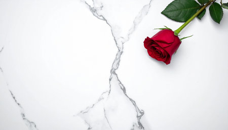 Red rose on white marble background with copy space for your text.の素材