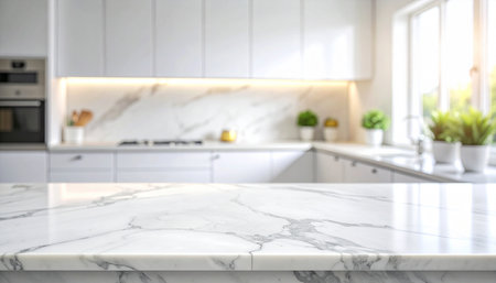 White marble table top with blurred kitchen background, product display montageの素材