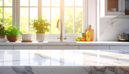 White marble countertop in modern kitchen interior with window and daylight. Mock upの素材
