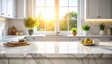 Kitchen interior with marble countertop and blurred view. Mock upの素材