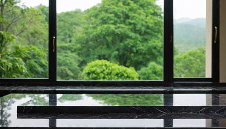 Empty black marble table top with nature view background. For product displayの素材
