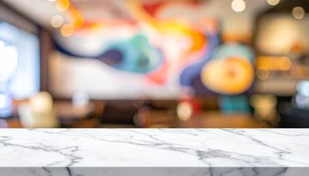 Empty white marble table and Coffee shop blur background with bokeh image.の素材