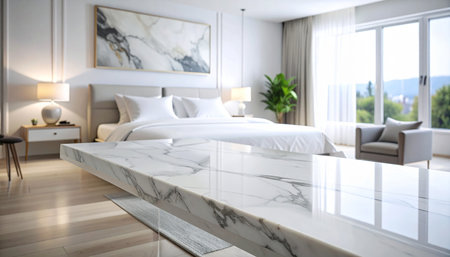 Luxury bedroom interior with marble table and bedside table, closeupの素材
