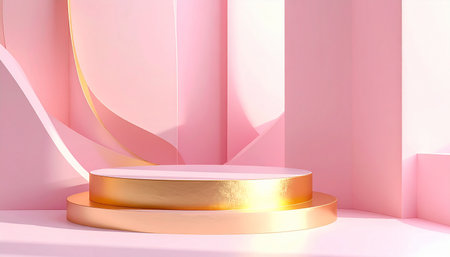 3d render of minimal geometric forms. Glossy golden podium for your design.の素材
