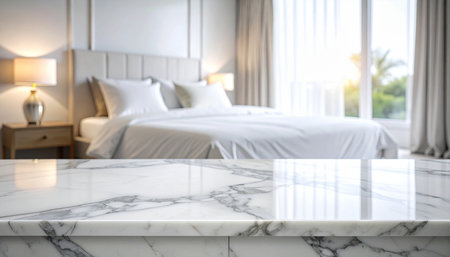 White marble table top and blur bedroom background, product display montageの素材