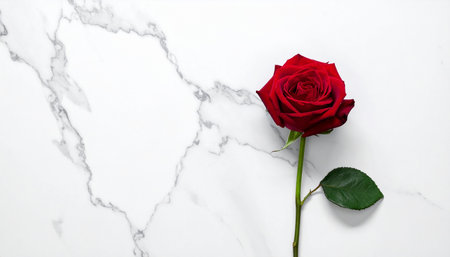 Red rose on white marble background with copy space. Top view.の素材