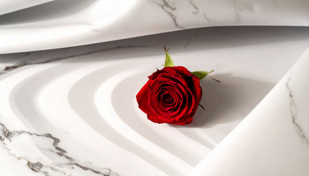 Red rose on a white marble background with copy space for text.の素材