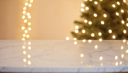 Empty white marble table with christmas tree bokeh light background.の素材