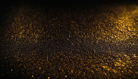 Gold glitter texture abstract background. Golden sparkles on black background.の素材