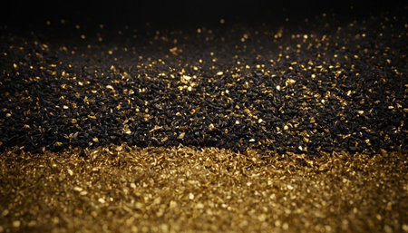 Black and yellow background with golden sparkles. 3d rendering.の素材