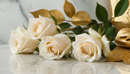 White roses with golden leavesle background, shallow depth of fieldの素材