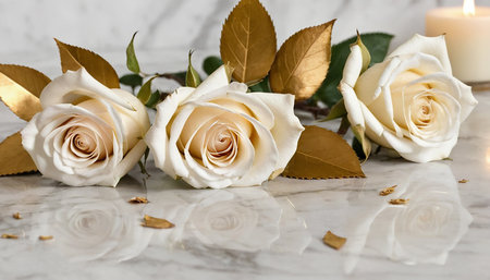 White roses on a marble background with a burning candle and leaves.の素材
