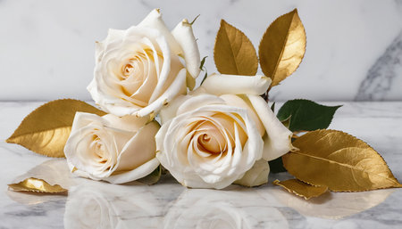 Beautiful white roses with gold leavesle table, closeupの素材