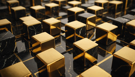 golden and black marble tiles background. 3d render illustration.の素材