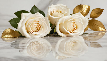 Beautiful white roses on a marble background with reflection and leaves.の素材
