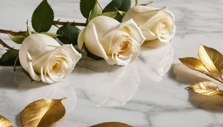 White roses with golden leaves on white marble background, copy space.の素材