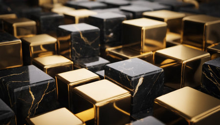 3d render, abstract background with gold and black marble cubes.の素材