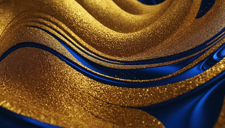 3d rendering of abstract wavy metallic background with blue and golden glitterの素材