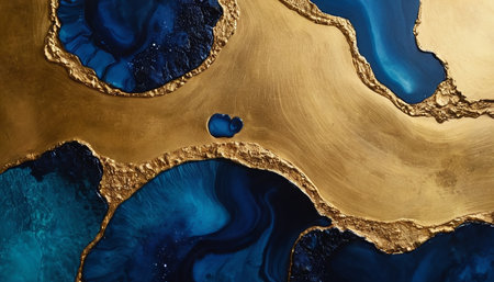 Abstract blue and gold background. Liquid marble pattern with gold and blue paint.の素材
