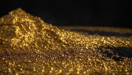 Close up of a pile of gold powder on a black background.の素材