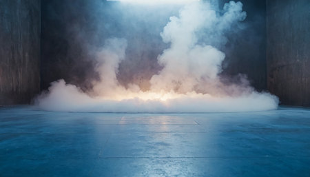 3d rendering of an empty room with smoke and light coming outの素材