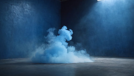 3d rendering of a blue smoke cloud in a dark room.の素材