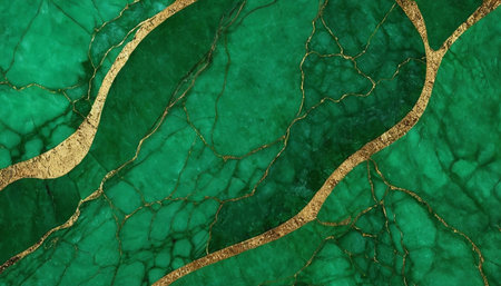 Green marble texture background with gold veins and glitter. 3d illustrationの素材