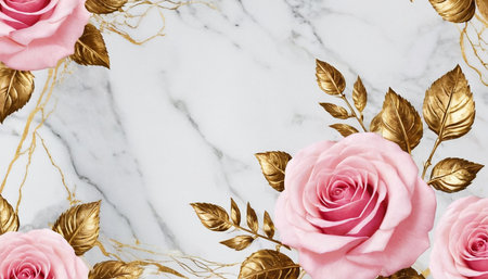 Creative layout made of pink roses and golden leavesle background. Flat lay, top viewの素材