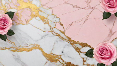 Pink rosesle background. Flat lay, top view, copy spaceの素材