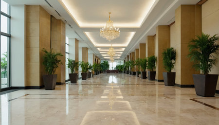Luxury hotel lobby interior. Large hall with white marble floorの素材