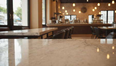Empty marble table and blurred background of coffee shop with bokehの素材