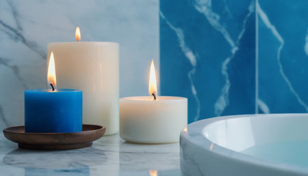 Candles and bathtub on white marble table in blue bathroom.の素材