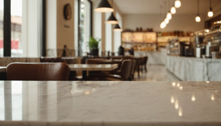 Empty white marble table and Coffee shop blur background with bokeh image.の素材
