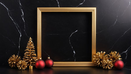 Golden frame with christmas decoration on black marble background. 3d renderの素材