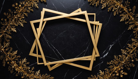 Christmas frame with golden snowflakes on black marble background, top viewの素材