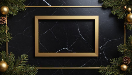 Golden frame with christmas tree branches on black marble background. 3D renderingの素材