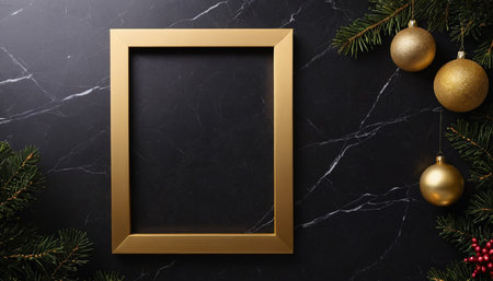 Golden frame on black marble background with christmas ornaments.の素材