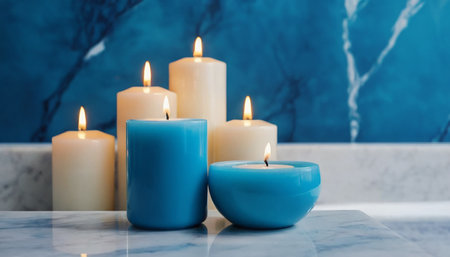 Burning candles on white marble table in front of blue marble wallの素材