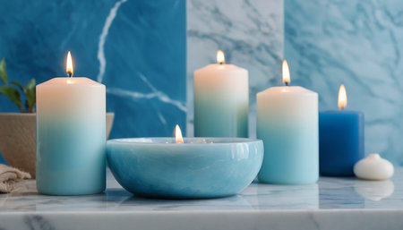 Burning candles in blue and turquoise colorsle tableの素材