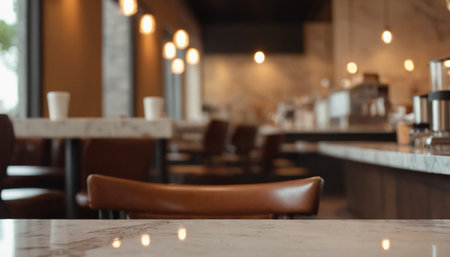 Empty white marble table in modern cafe with bokeh background.の素材