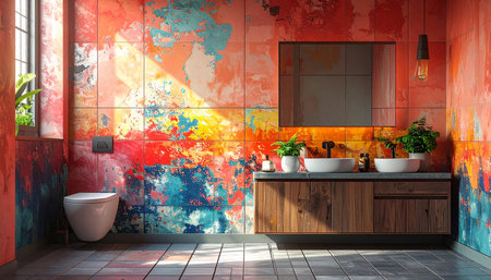 Interior of a modern bathroom with red and orange walls, tiled floor, double sink and big mirror. 3d renderingの素材