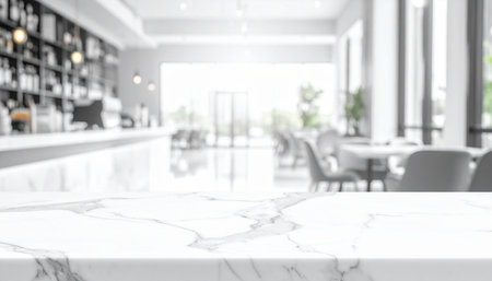 White marble table top and blur interior of coffee shop background - can be used for display or montage your productsの素材