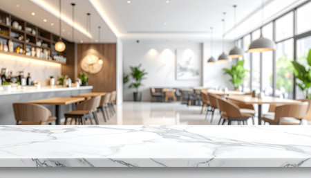 White marble table top and blur restaurant background, product display montageの素材