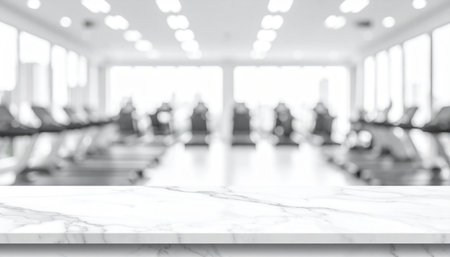 Empty white marble table and blur fitness gym room with people background.の素材