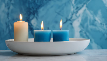 Candles in a white bowl on a marble table with blue marble backgroundの素材
