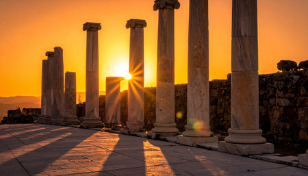 Ruins of the ancient city of Side at sunset, Turkey.の素材