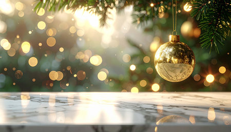 Christmas tree with golden bauble on white marble table with bokeh backgroundの素材