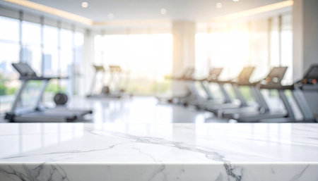 Empty white marble table top and blur fitness gym with exercise equipment backgroundの素材
