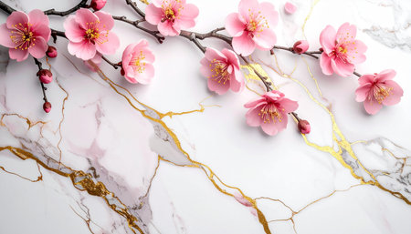 Beautiful blooming sakura branchesle background, top viewの素材